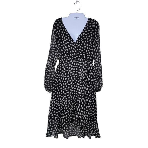 Neiman Marcus Dress Size 6 Black White Polka Dot Chiffon Faux Wrap High-lo Hem - Picture 1 of 16